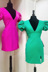 Dressystars Simple Fuchsia Homecoming Dress V-Neck Short Sleeves Tight Short Prom Dress