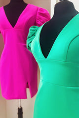 Dressystars Simple Fuchsia Homecoming Dress V-Neck Short Sleeves Tight Short Prom Dress