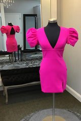 Dressystars Simple Fuchsia Homecoming Dress V-Neck Short Sleeves Tight Short Prom Dress