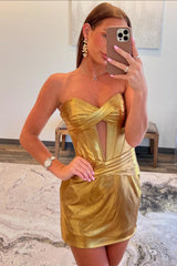 Dressystars Simple Golden Homecoming Dress Corset Strapless Tight Short Prom Dress