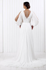 Dressystars Simple Long Sleeve Beach Wedding Dress Chiffon A Line Boho Bridal Gown