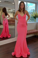 Dressystars Simple Mermaid Spaghetti Straps Candy Pink Long Prom Dress With Train Formal Evening Gown