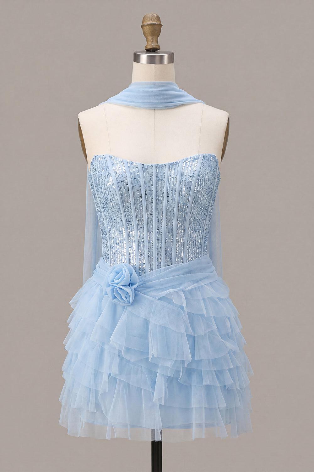 Dressystars Sky Blue Corset Tiered Sequin Ruffled Short Homecoming Dress