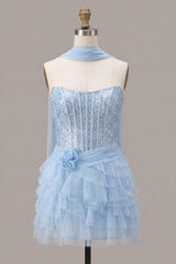 Dressystars Sky Blue Corset Tiered Sequin Ruffled Short Homecoming Dress