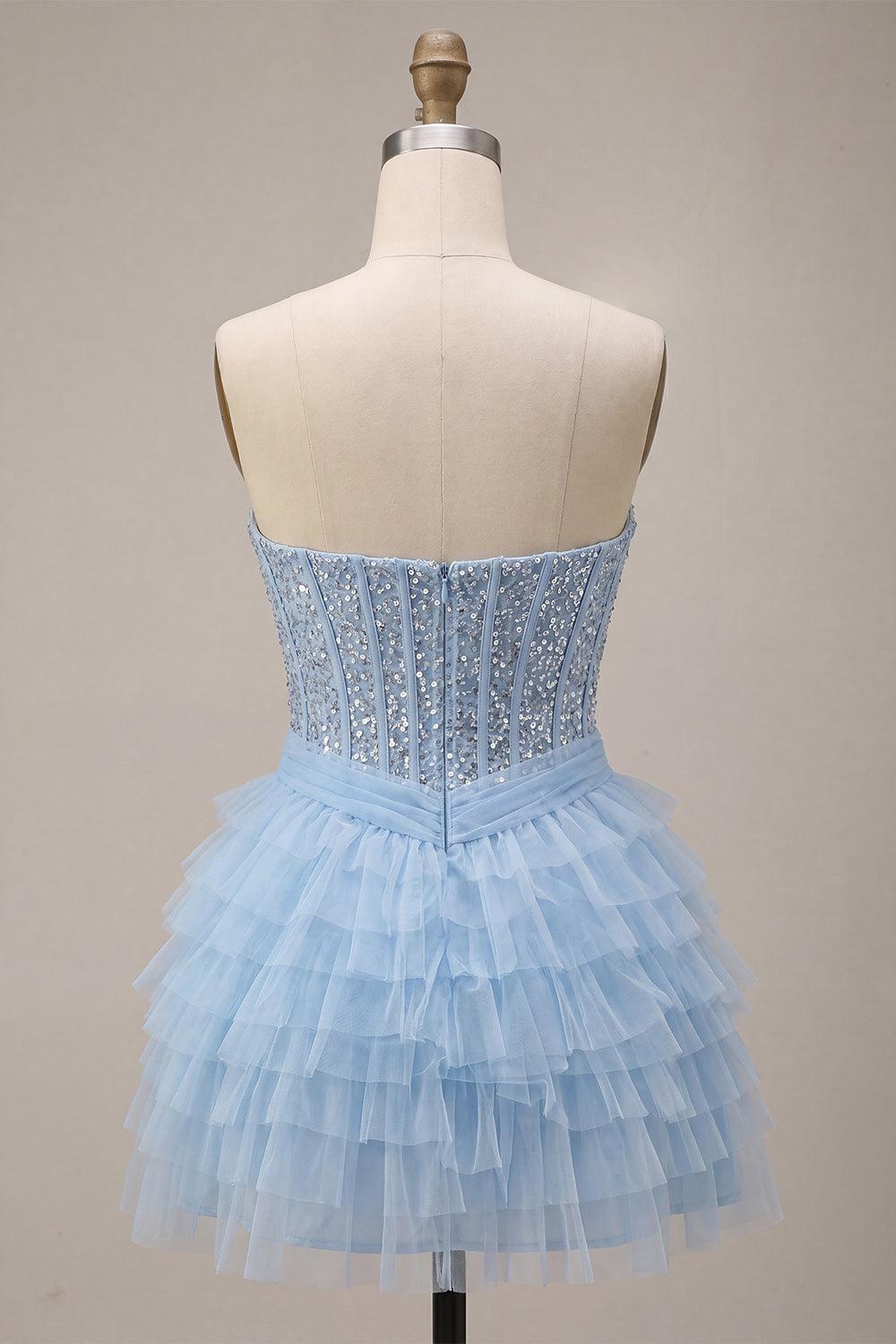 Dressystars Sky Blue Corset Tiered Sequin Ruffled Short Homecoming Dress