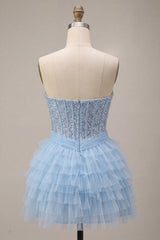 Dressystars Sky Blue Corset Tiered Sequin Ruffled Short Homecoming Dress