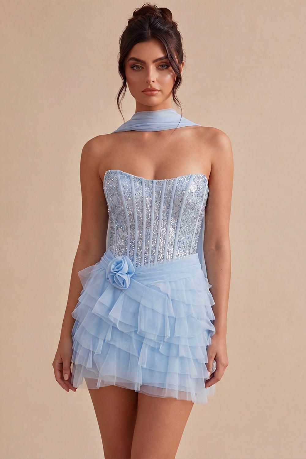 Dressystars Sky Blue Corset Tiered Sequin Ruffled Short Homecoming Dress