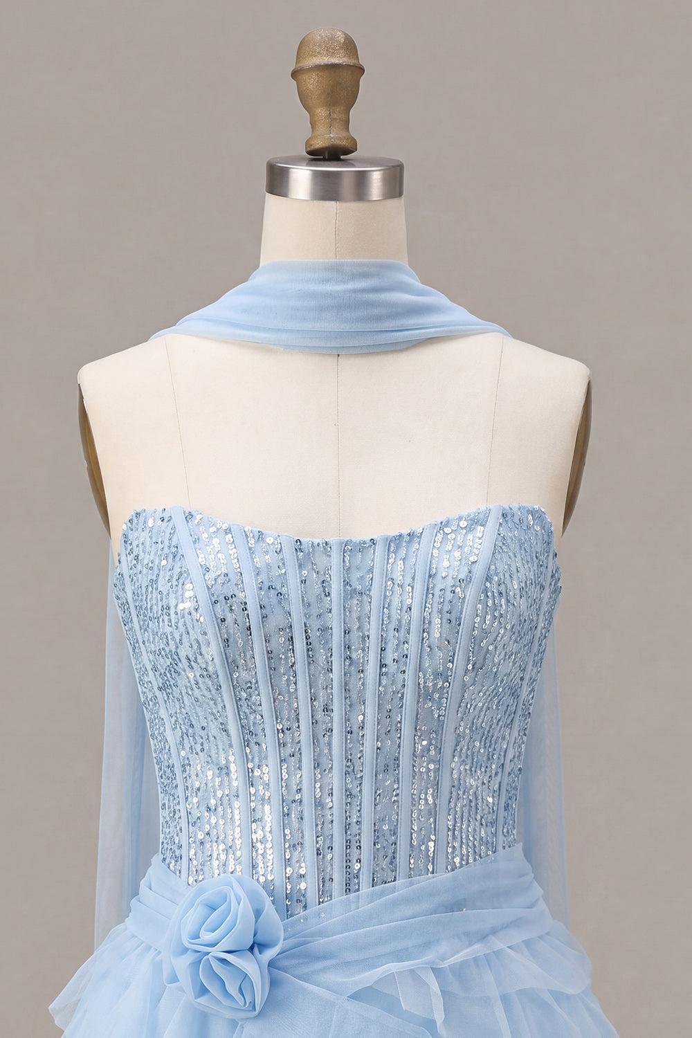 Dressystars Sky Blue Corset Tiered Sequin Ruffled Short Homecoming Dress