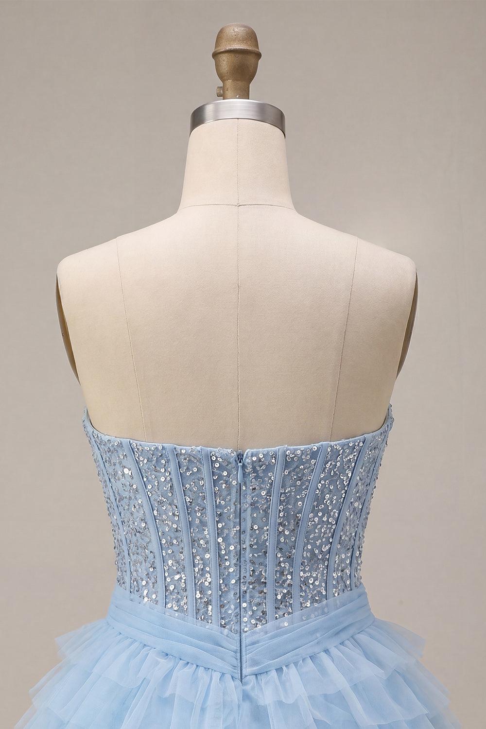 Dressystars Sky Blue Corset Tiered Sequin Ruffled Short Homecoming Dress