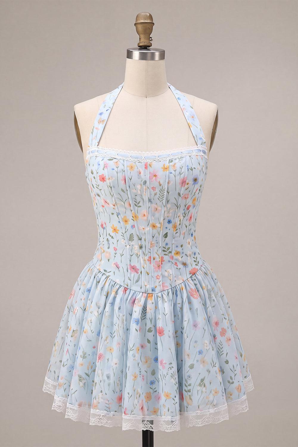Dressystars Sky Blue Floral A Line Halter Corset Short Homecoming Dress with Lace