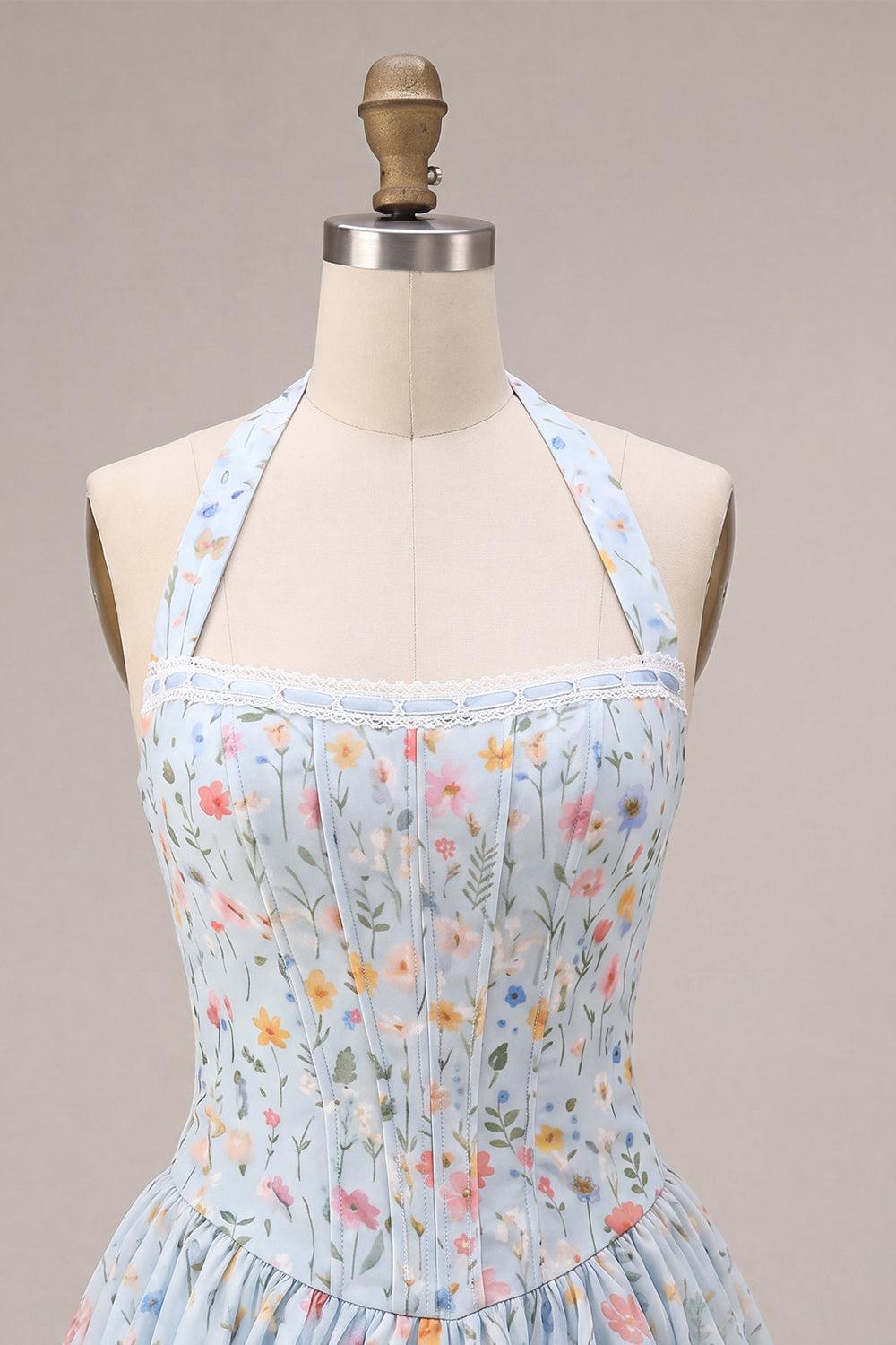 Dressystars Sky Blue Floral A Line Halter Corset Short Homecoming Dress with Lace