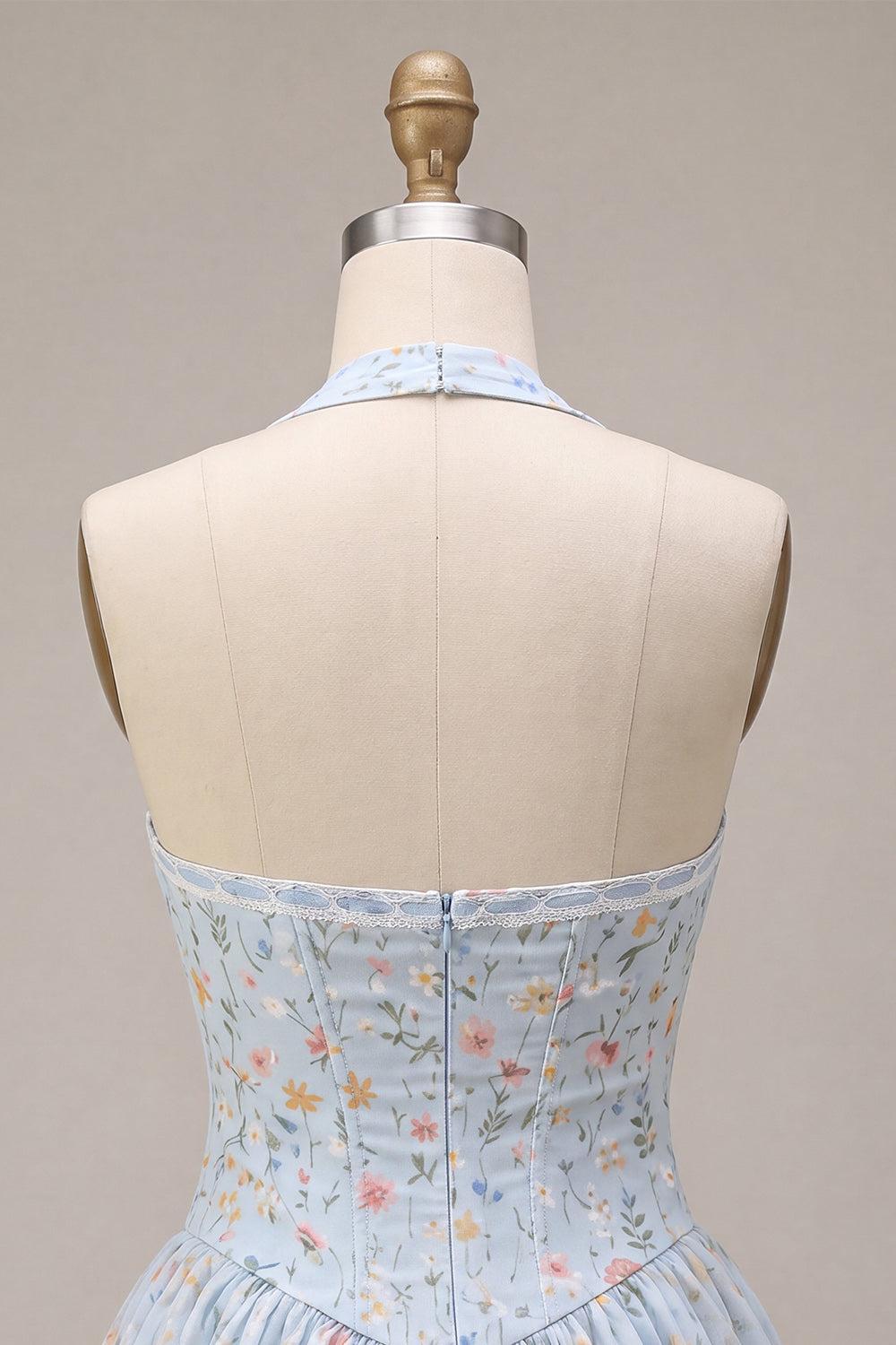 Dressystars Sky Blue Floral A Line Halter Corset Short Homecoming Dress with Lace