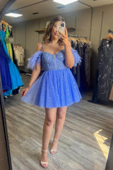 Dressystars Sky Blue Homecoming Dress A-Line Short Prom Dress with Feathers