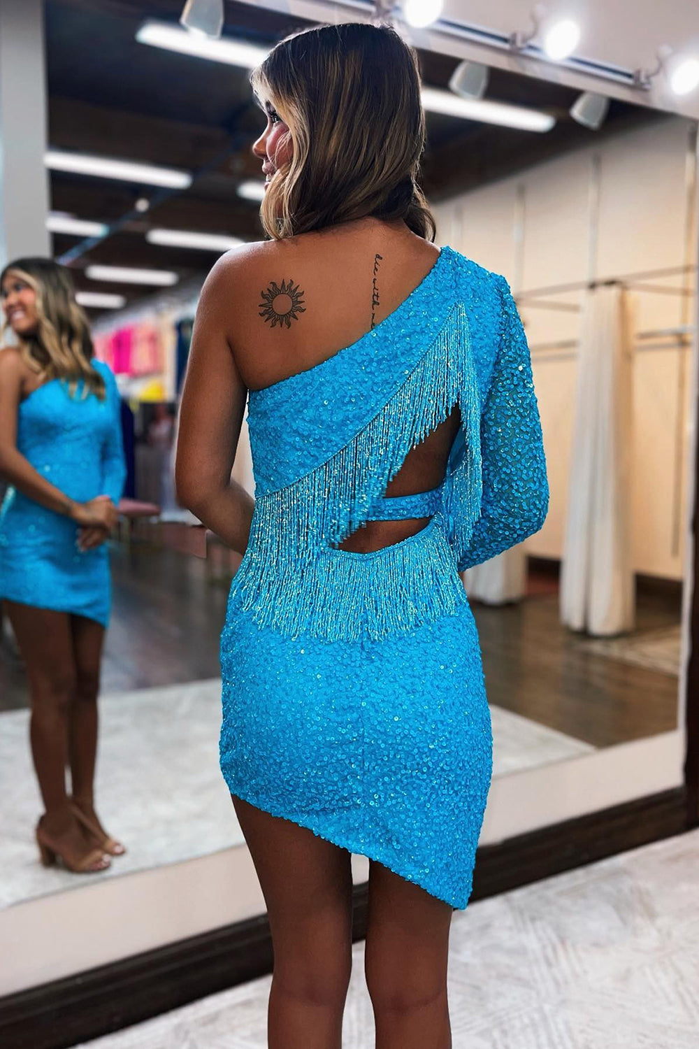 Dressystars Sky Blue Homecoming Dress One Shoulder One Sleeve Tight Prom Dress with Fringes