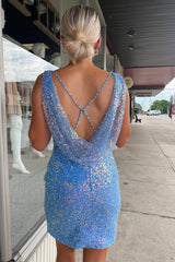 Dressystars Sky Blue Homecoming Dress Sequin Sheath Prom Dress with Split Front