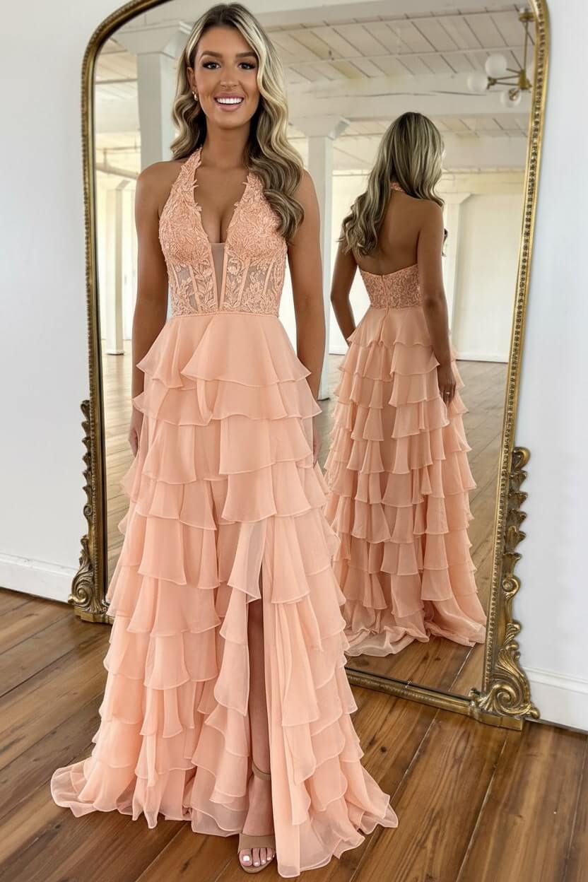 Dressystars Sky Blue Prom Dress Ruffled Halter Corset Formal Dress With Slit
