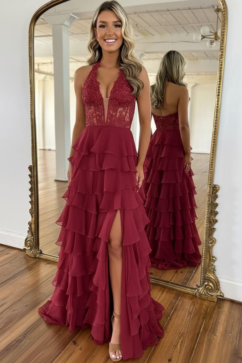 Dressystars Sky Blue Prom Dress Ruffled Halter Corset Formal Dress With Slit