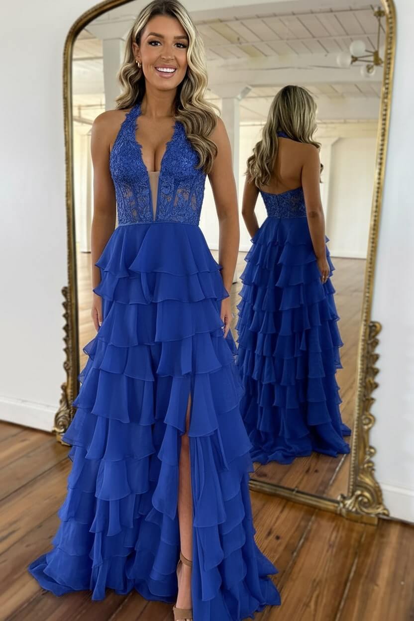 Dressystars Sky Blue Prom Dress Ruffled Halter Corset Formal Dress With Slit