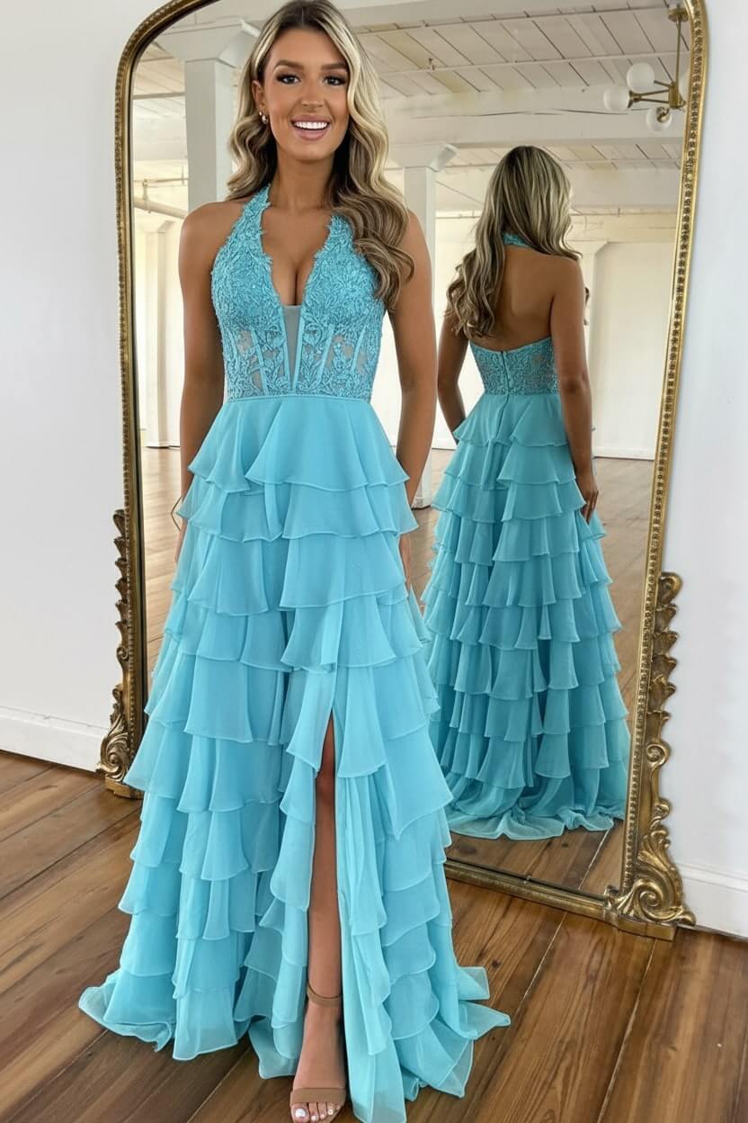 Dressystars Sky Blue Prom Dress Ruffled Halter Corset Formal Dress With Slit