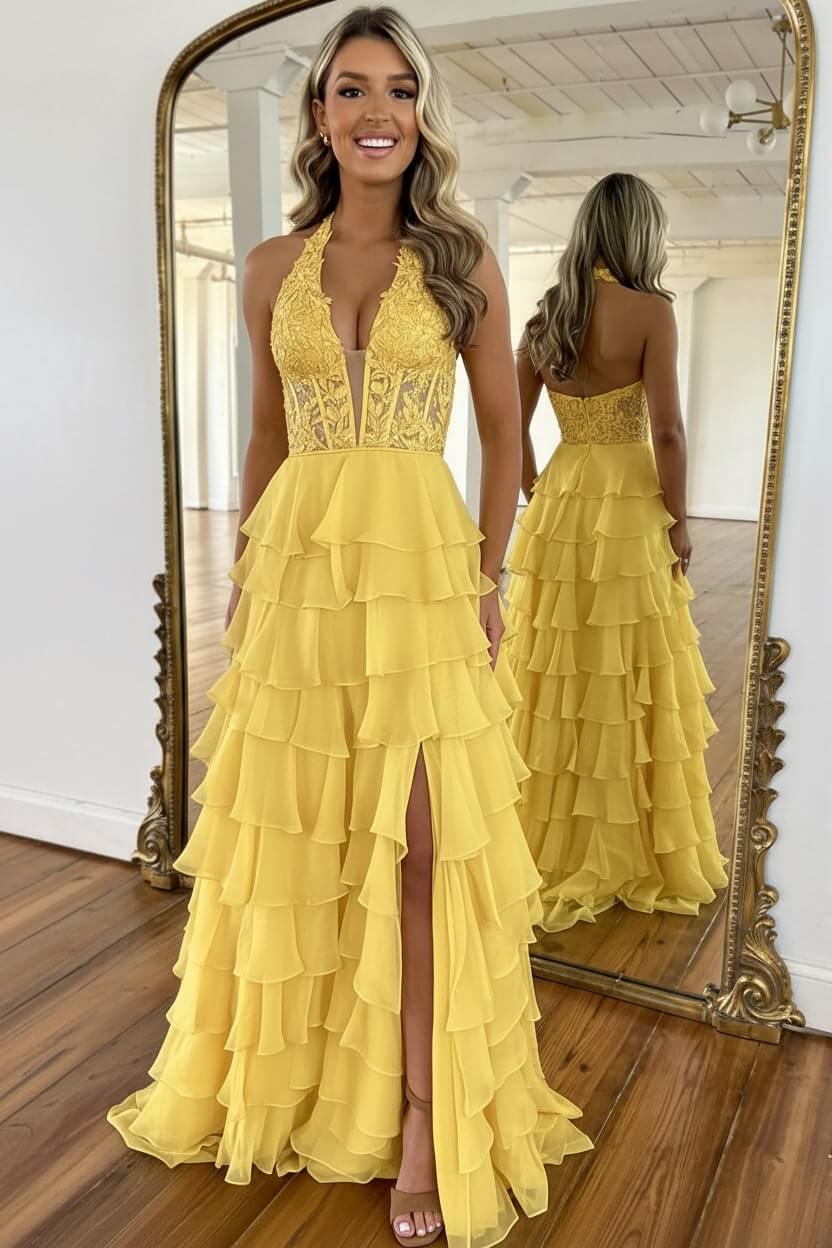 Dressystars Sky Blue Prom Dress Ruffled Halter Corset Formal Dress With Slit