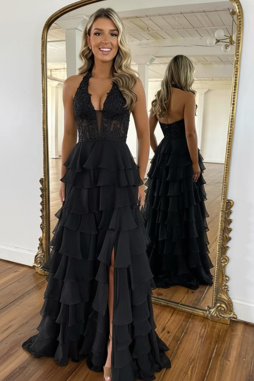 Dressystars Sky Blue Prom Dress Ruffled Halter Corset Formal Dress With Slit
