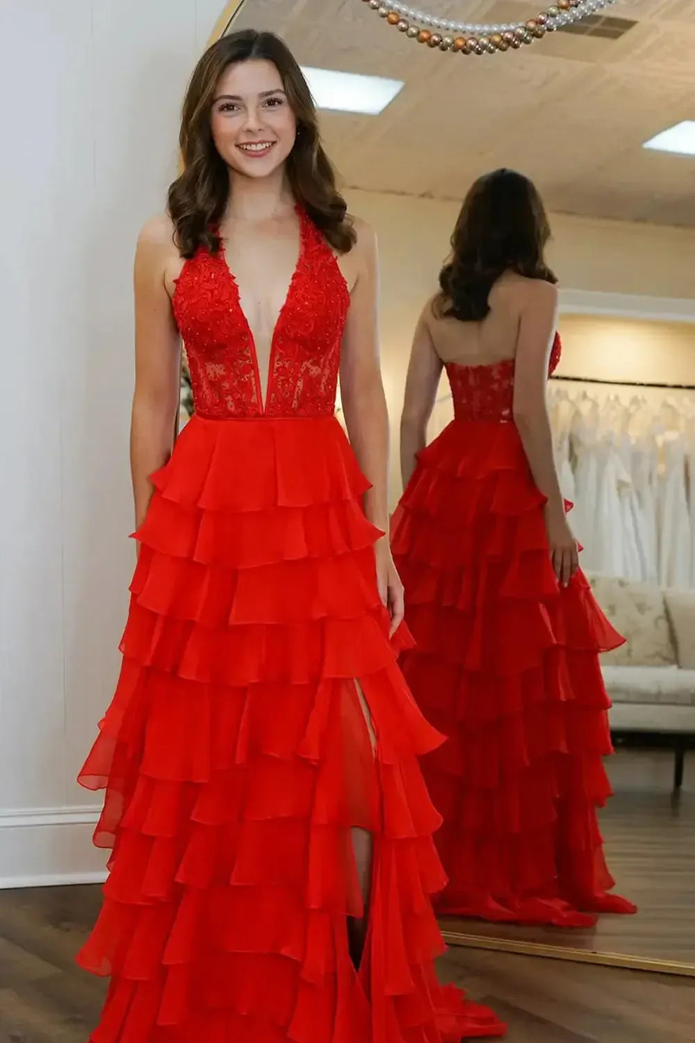 Dressystars Sky Blue Prom Dress Ruffled Halter Corset Formal Dress With Slit