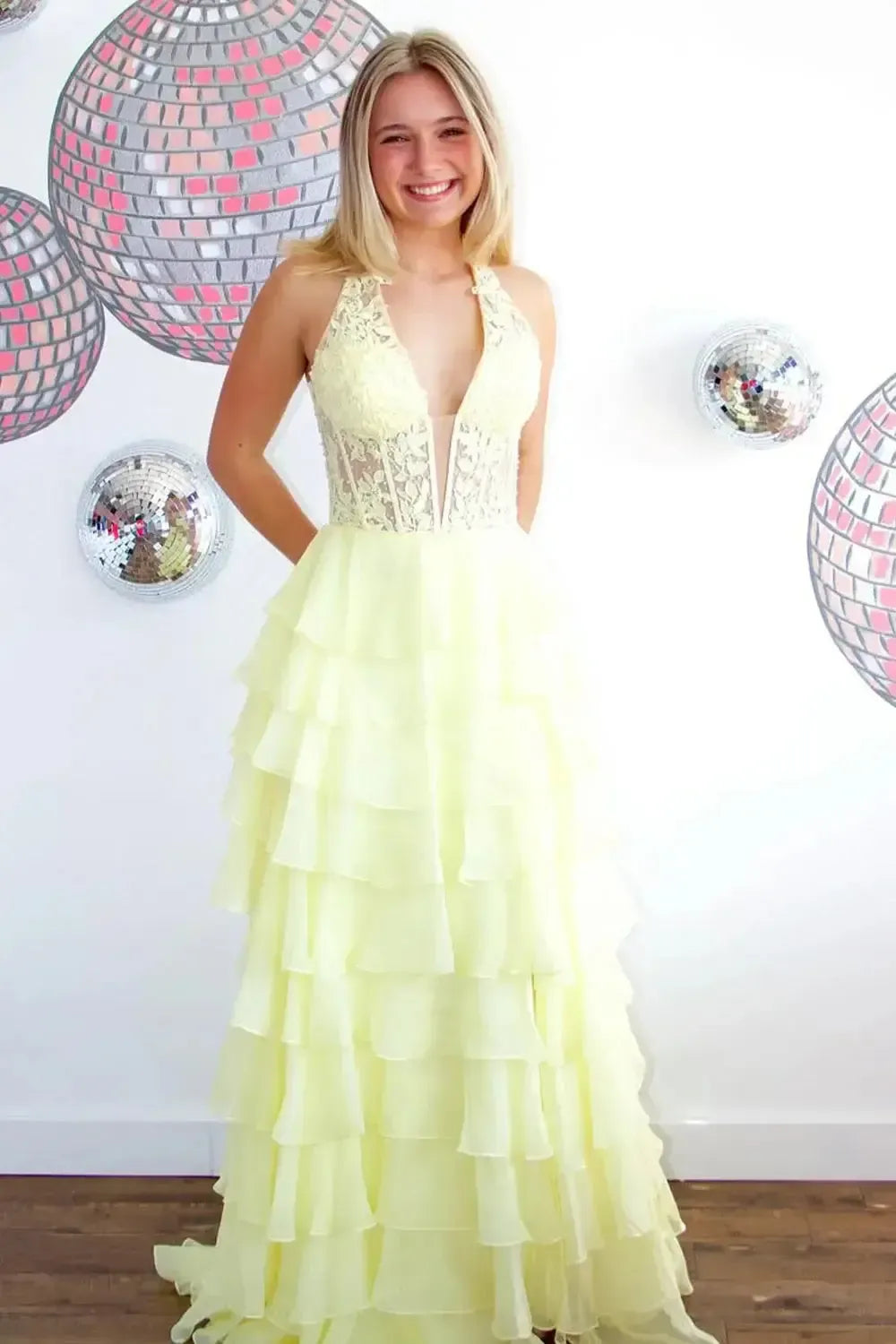 Dressystars Sky Blue Prom Dress Ruffled Halter Corset Formal Dress With Slit