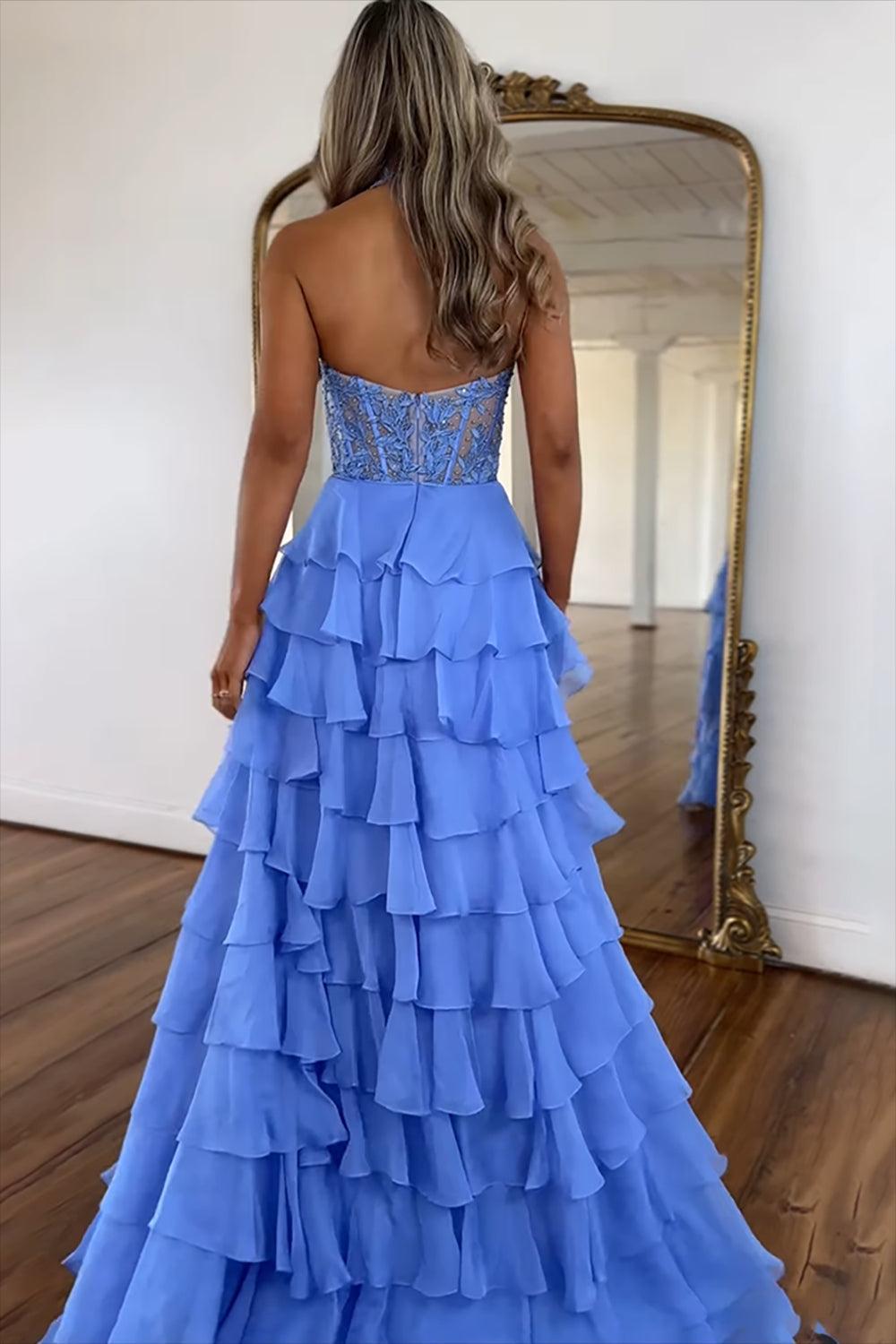 Dressystars Sky Blue Prom Dress Ruffled Halter Corset Formal Dress With Slit
