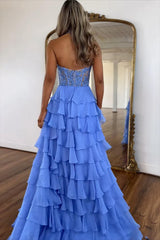 Dressystars Sky Blue Prom Dress Ruffled Halter Corset Formal Dress With Slit