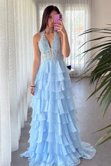 Dressystars Sky Blue Prom Dress Ruffled Halter Corset Formal Dress With Slit