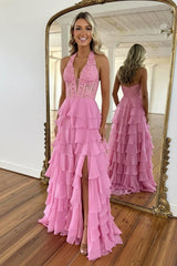Dressystars Sky Blue Prom Dress Ruffled Halter Corset Formal Dress With Slit