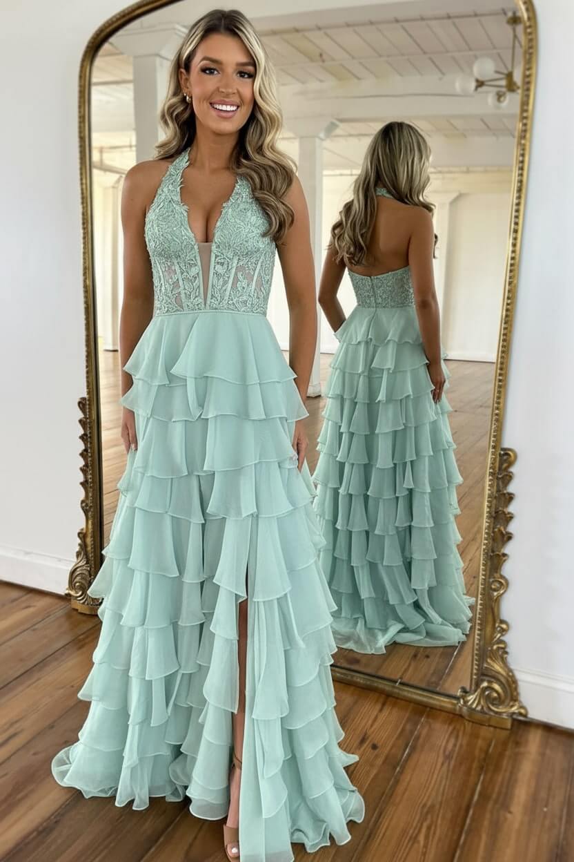 Dressystars Sky Blue Prom Dress Ruffled Halter Corset Formal Dress With Slit