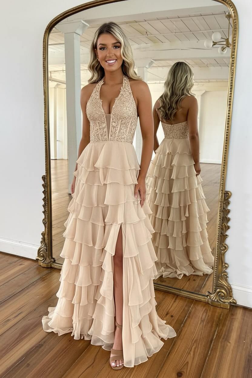 Dressystars Sky Blue Prom Dress Ruffled Halter Corset Formal Dress With Slit