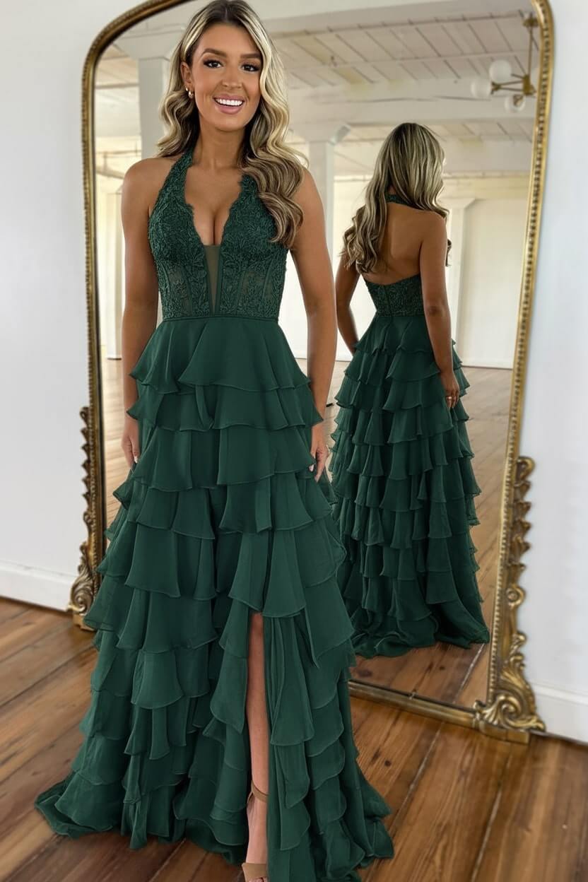 Dressystars Sky Blue Prom Dress Ruffled Halter Corset Formal Dress With Slit