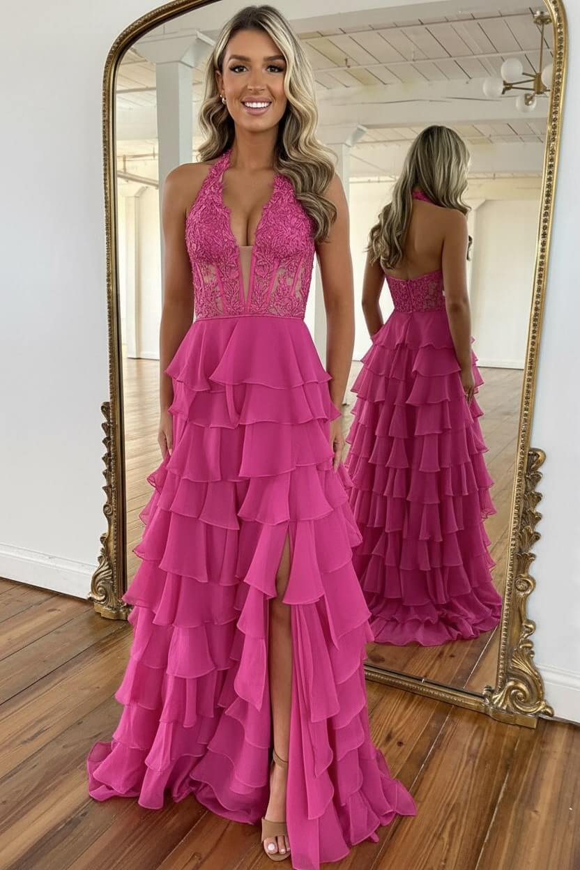 Dressystars Sky Blue Prom Dress Ruffled Halter Corset Formal Dress With Slit