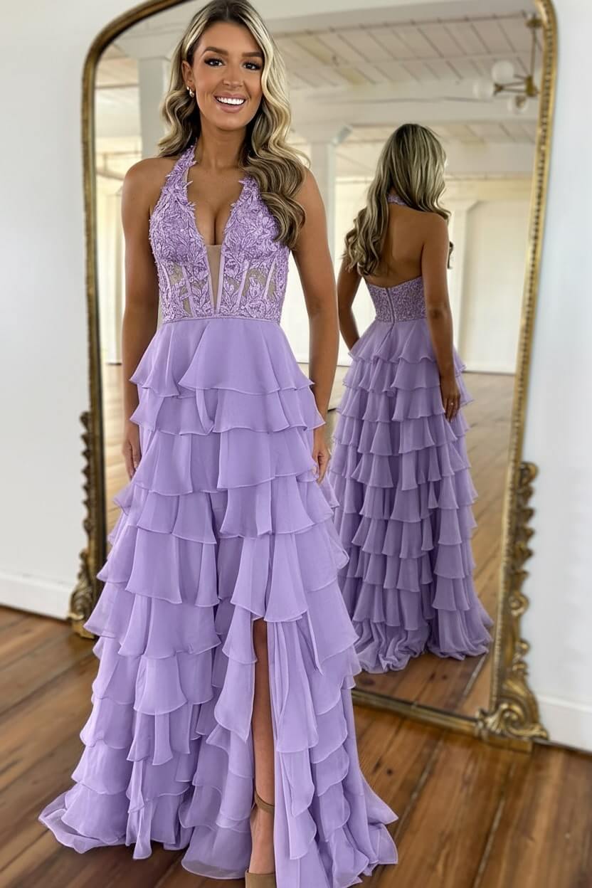 Dressystars Sky Blue Prom Dress Ruffled Halter Corset Formal Dress With Slit