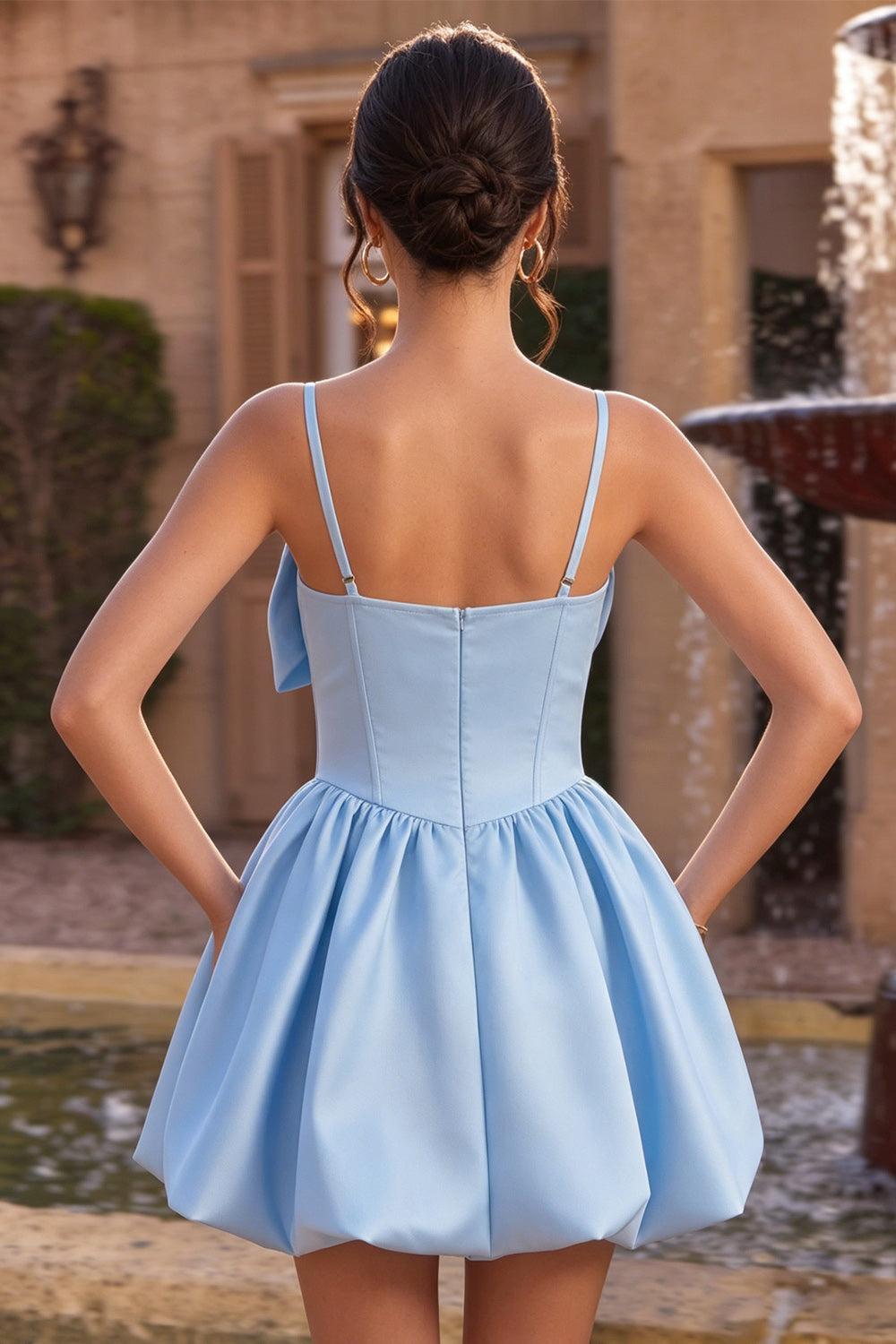 Dressystars Sky Blue Satin A Line Corset Short Homecoming Dress with Bow