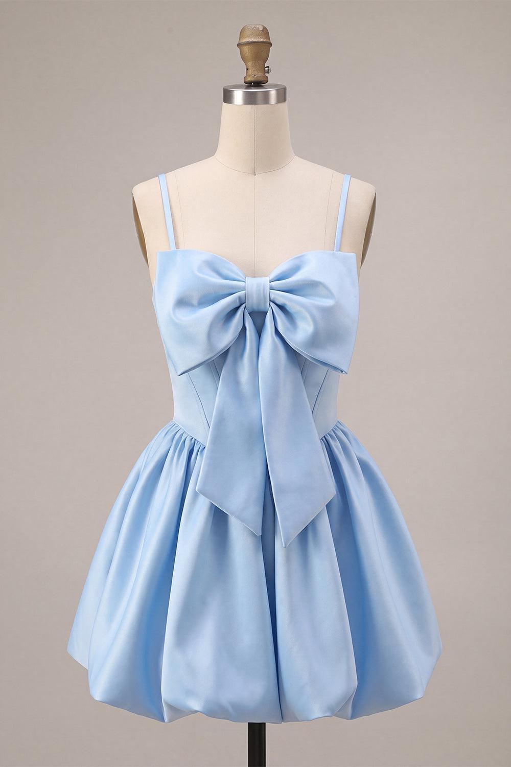 Dressystars Sky Blue Satin A Line Corset Short Homecoming Dress with Bow