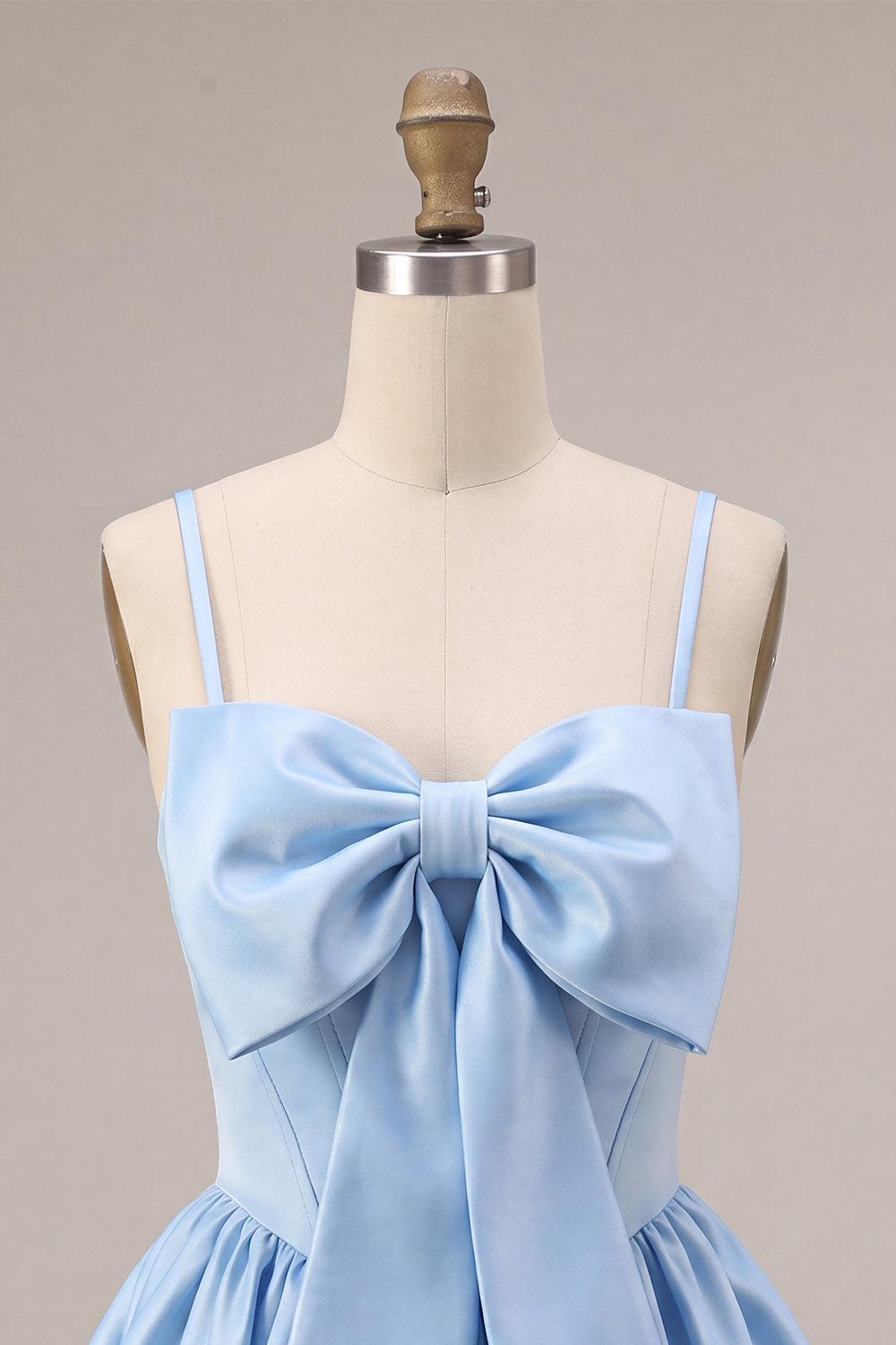 Dressystars Sky Blue Satin A Line Corset Short Homecoming Dress with Bow