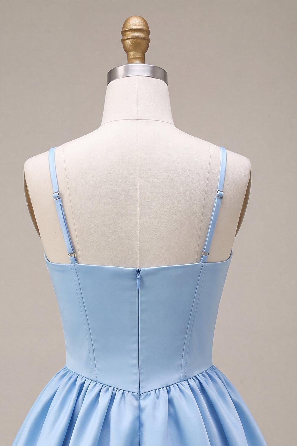 Dressystars Sky Blue Satin A Line Corset Short Homecoming Dress with Bow