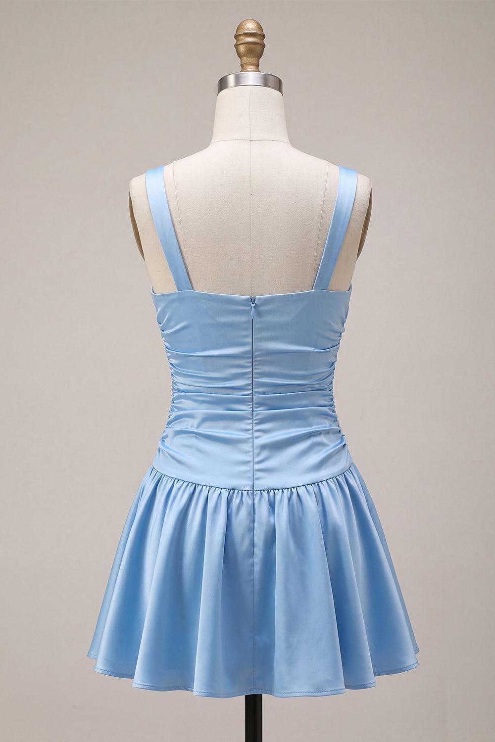 Dressystars Sky Blue Satin Ruched A Line Short Homecoming Dress with Bow