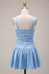Dressystars Sky Blue Satin Ruched A Line Short Homecoming Dress with Bow