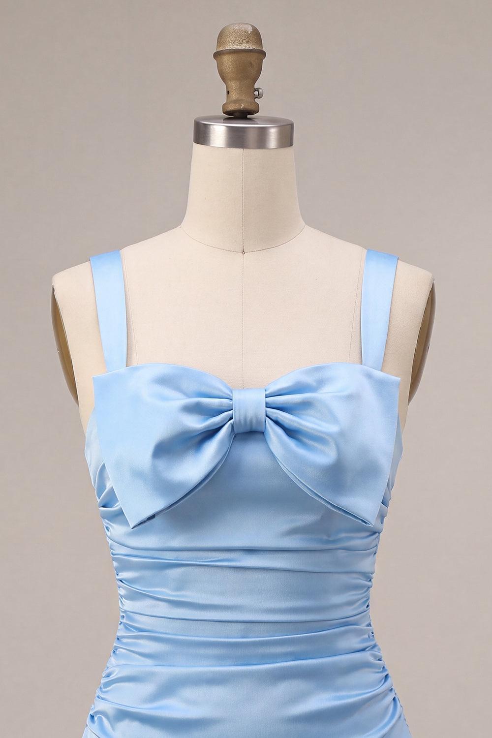 Dressystars Sky Blue Satin Ruched A Line Short Homecoming Dress with Bow