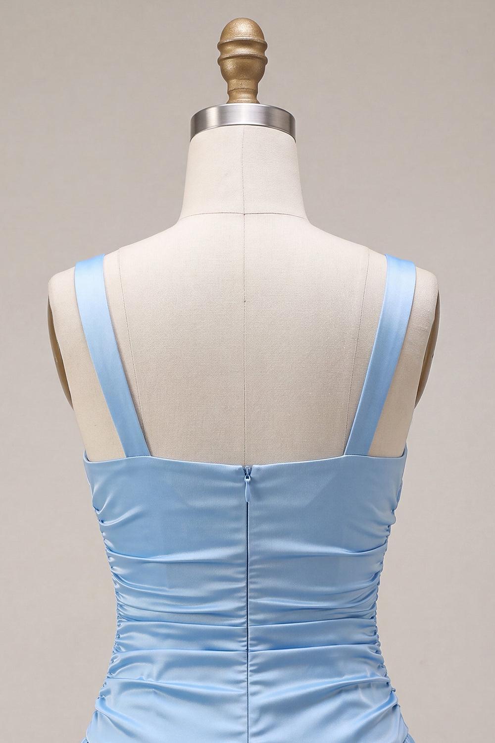 Dressystars Sky Blue Satin Ruched A Line Short Homecoming Dress with Bow