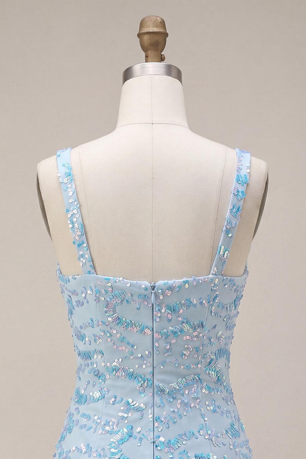 Dressystars Sky Blue Tight Sequin Short Homecoming Dress with Slit