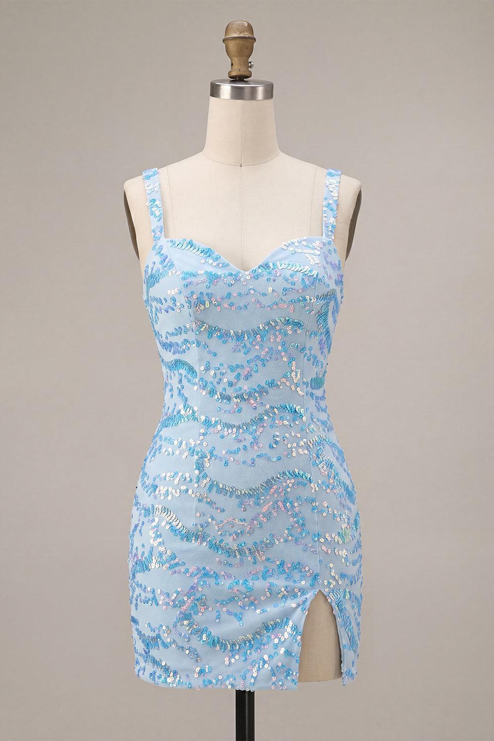 Dressystars Sky Blue Tight Sequin Short Homecoming Dress with Slit
