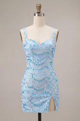 Dressystars Sky Blue Tight Sequin Short Homecoming Dress with Slit