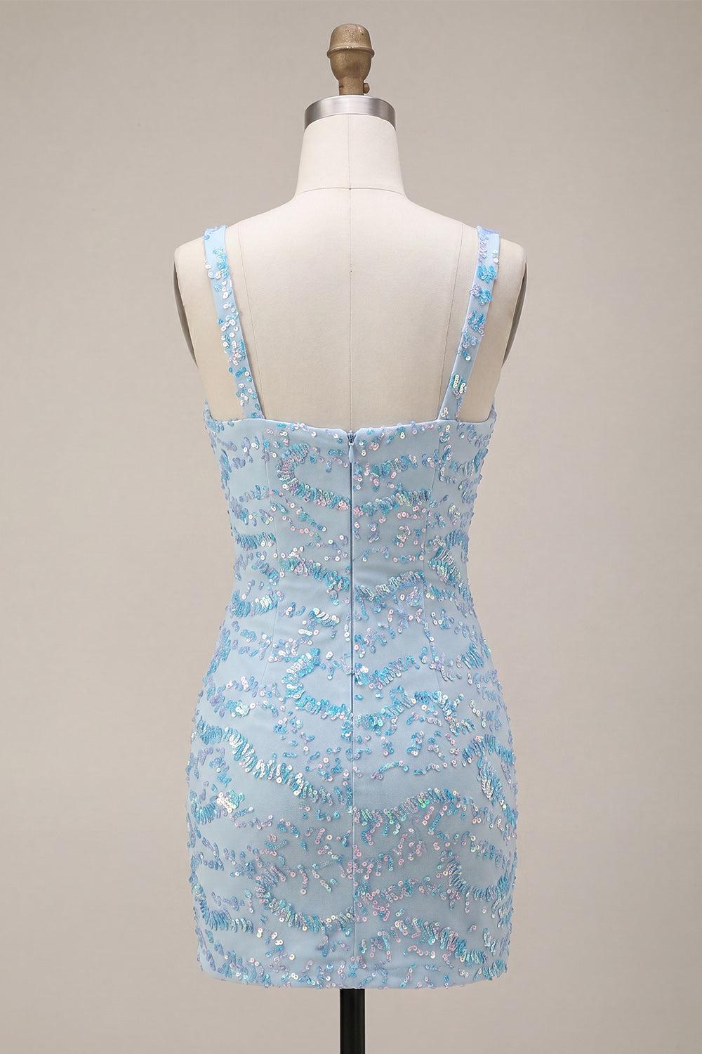 Dressystars Sky Blue Tight Sequin Short Homecoming Dress with Slit