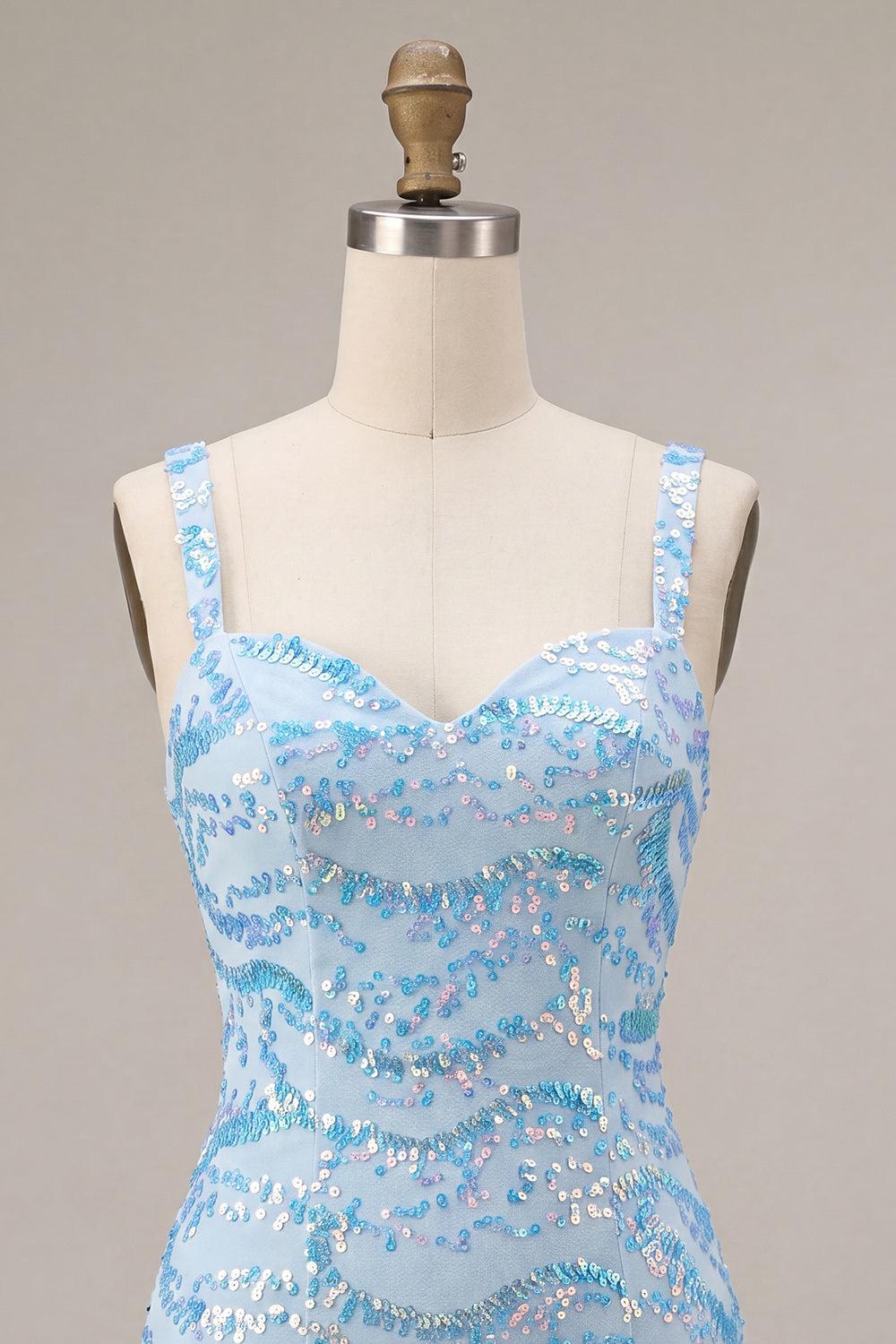 Dressystars Sky Blue Tight Sequin Short Homecoming Dress with Slit
