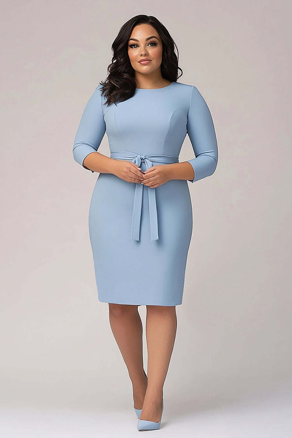 Dressystars Sky Blue Wedding Guest Dress Plus Size Crepe Formal Dress With 3/4 Sleeves
